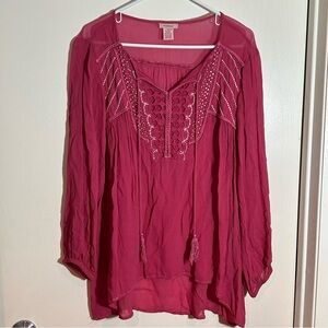Sundance Embroidered Tassel Tie Peasant Blouse Top Pink Bohemian Festival medium